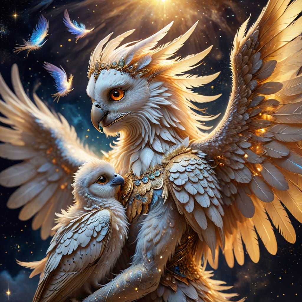 Celestial Creature Protecting Child: Surrealist Oil Painting