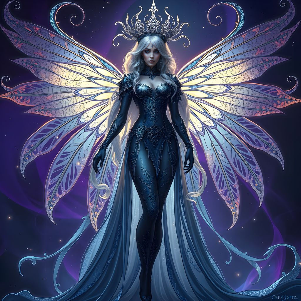 Regal Dark Fairy in Ethereal Armor, Inspired by Art Nouveau