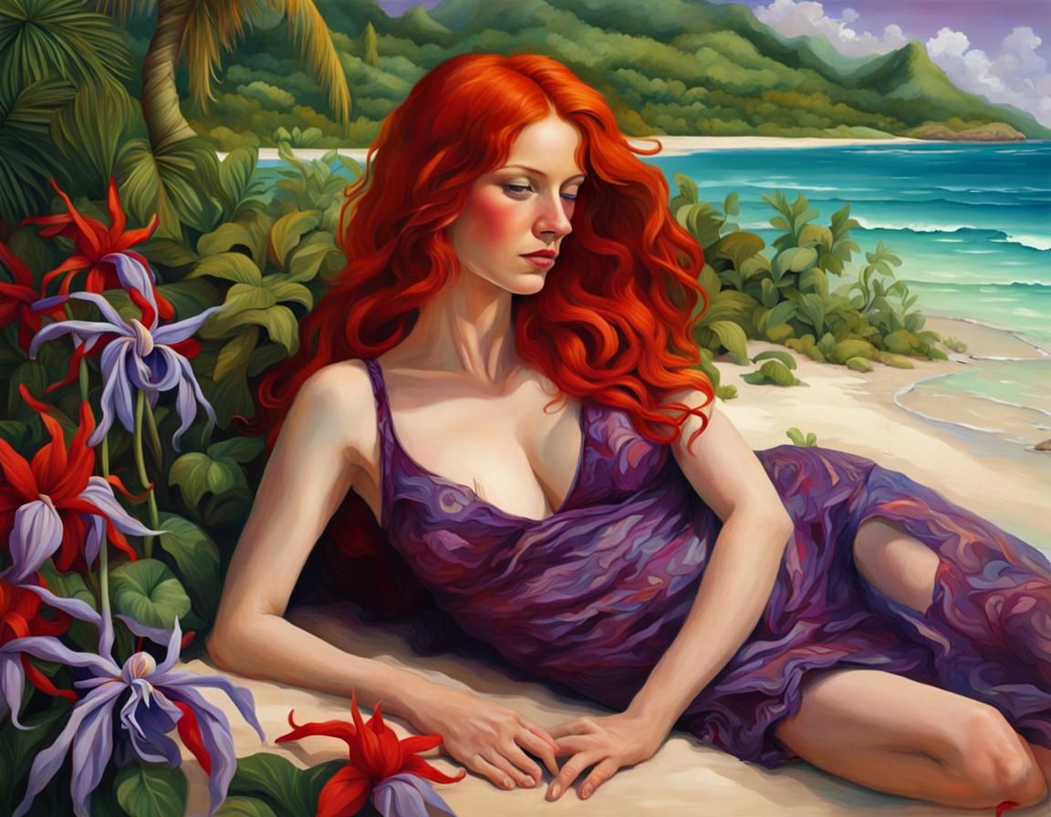 Woman Relaxing on Caribbean Beach with Flowers