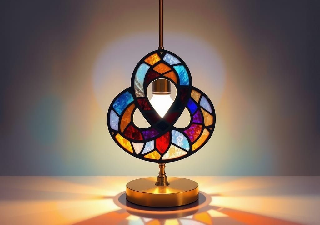 A modern style stained glass lamp in the shape of the Celtic...