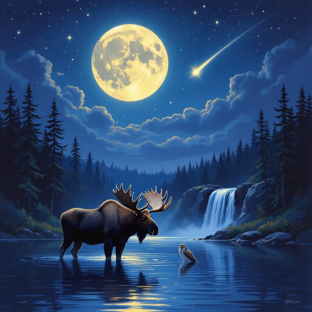 Majestic Bull Moose by Full Moon, Shooting Star, and Waterfa...