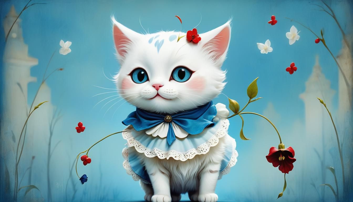 vibrant detailed adorable chibi happy cat on blue bell day R...
