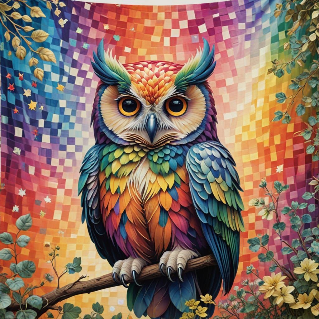 A gingham-like tapestry, weaved with an owl-like pattern.