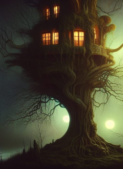 Secret Alien Treehouse at Night in Giger Style