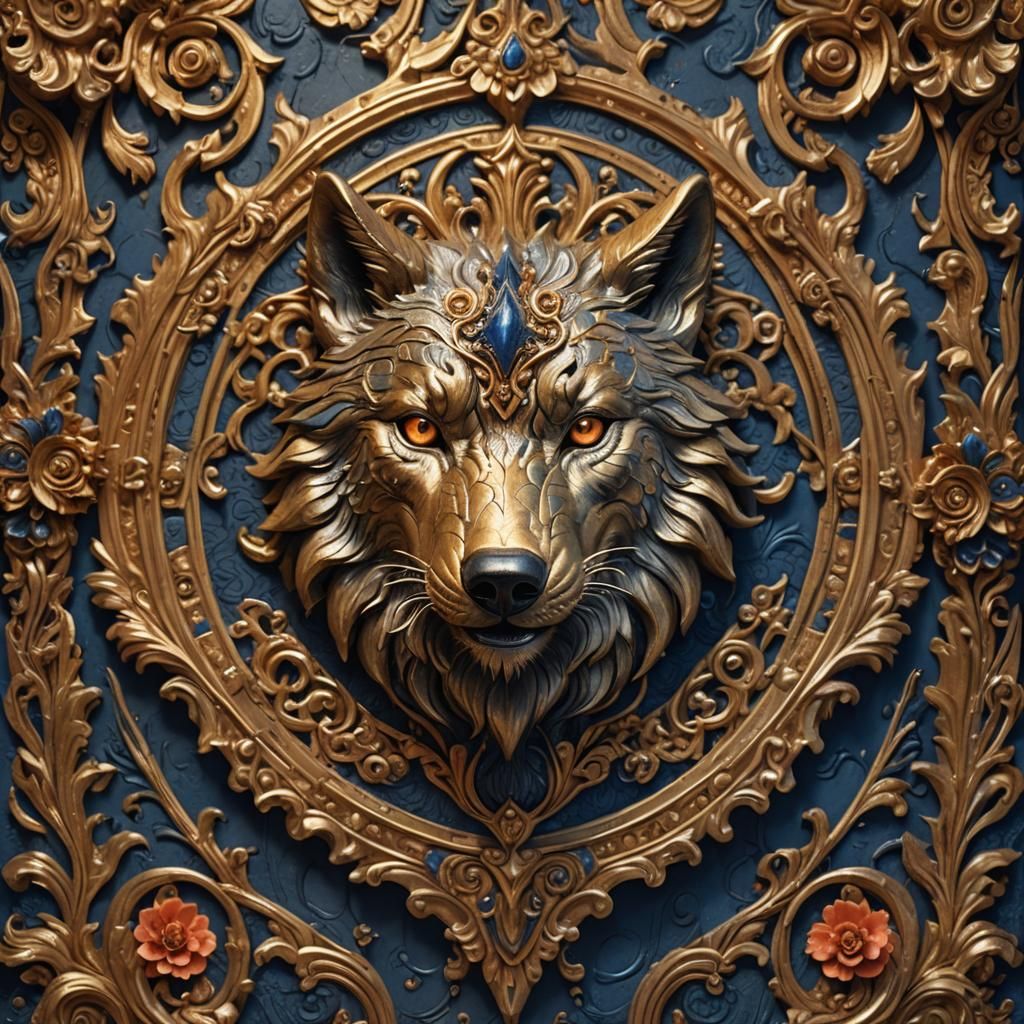 Coral and Blue Wolf Head on Gold Wall
