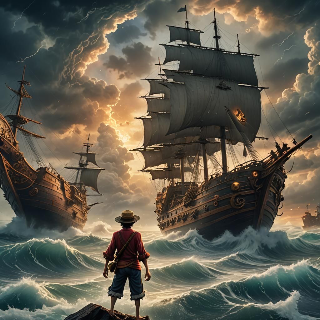 Luffy in Stormy Seas: Art Nouveau Fantasy