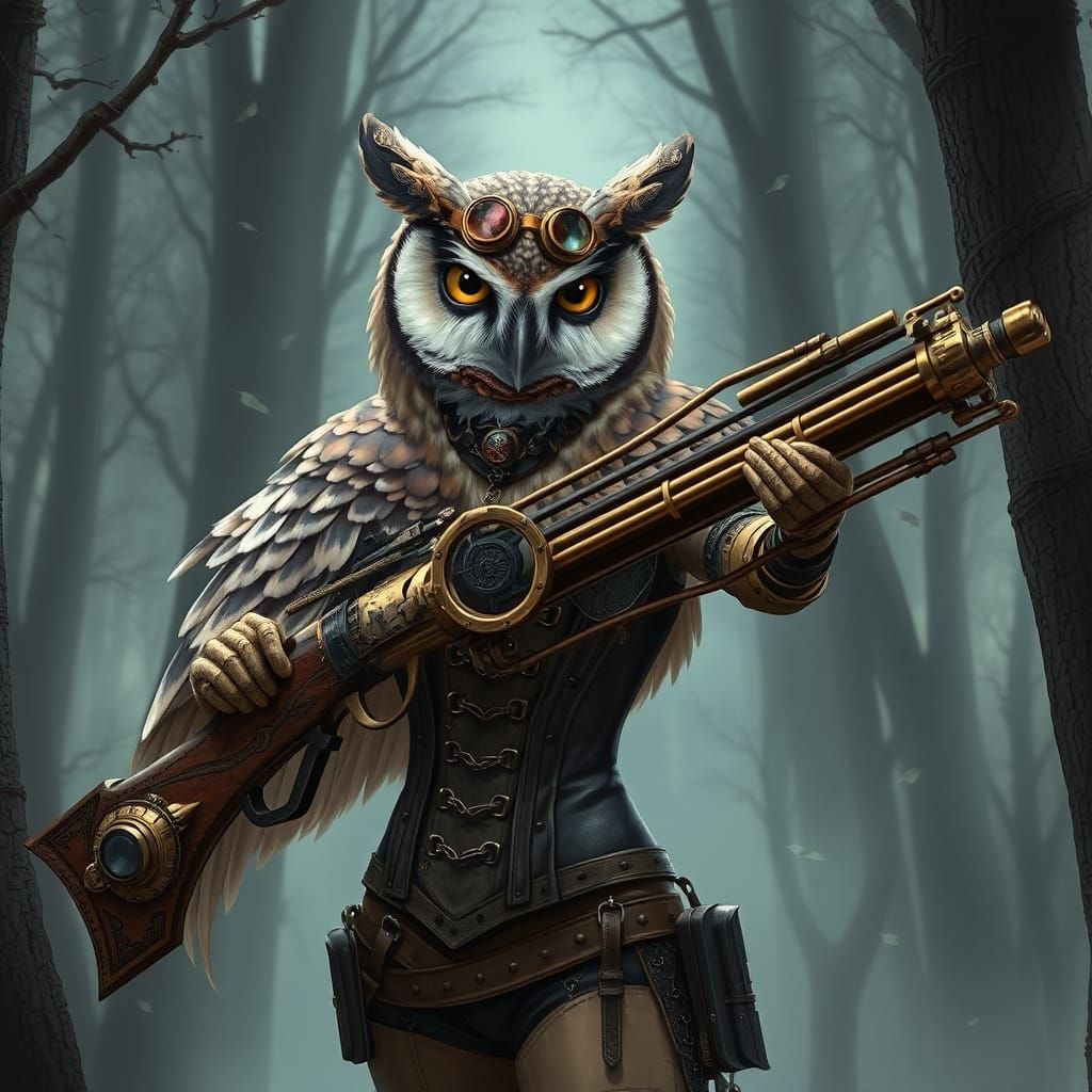 Steampunk Barn Owl in Misty Forest, Fantasy Art