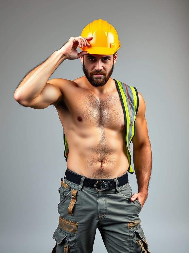 Shirtless Construction Worker with Hard Hat