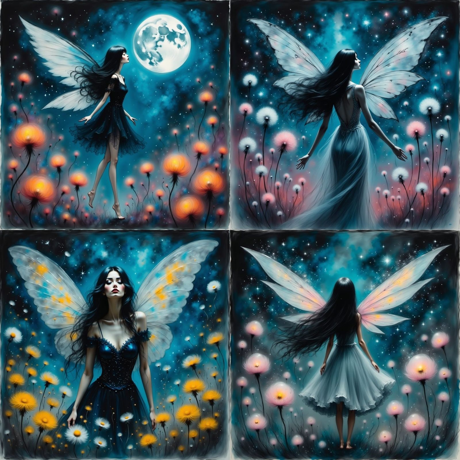 Gothic Fairy Soars Above Bioluminescent Dandelions in Moonli...