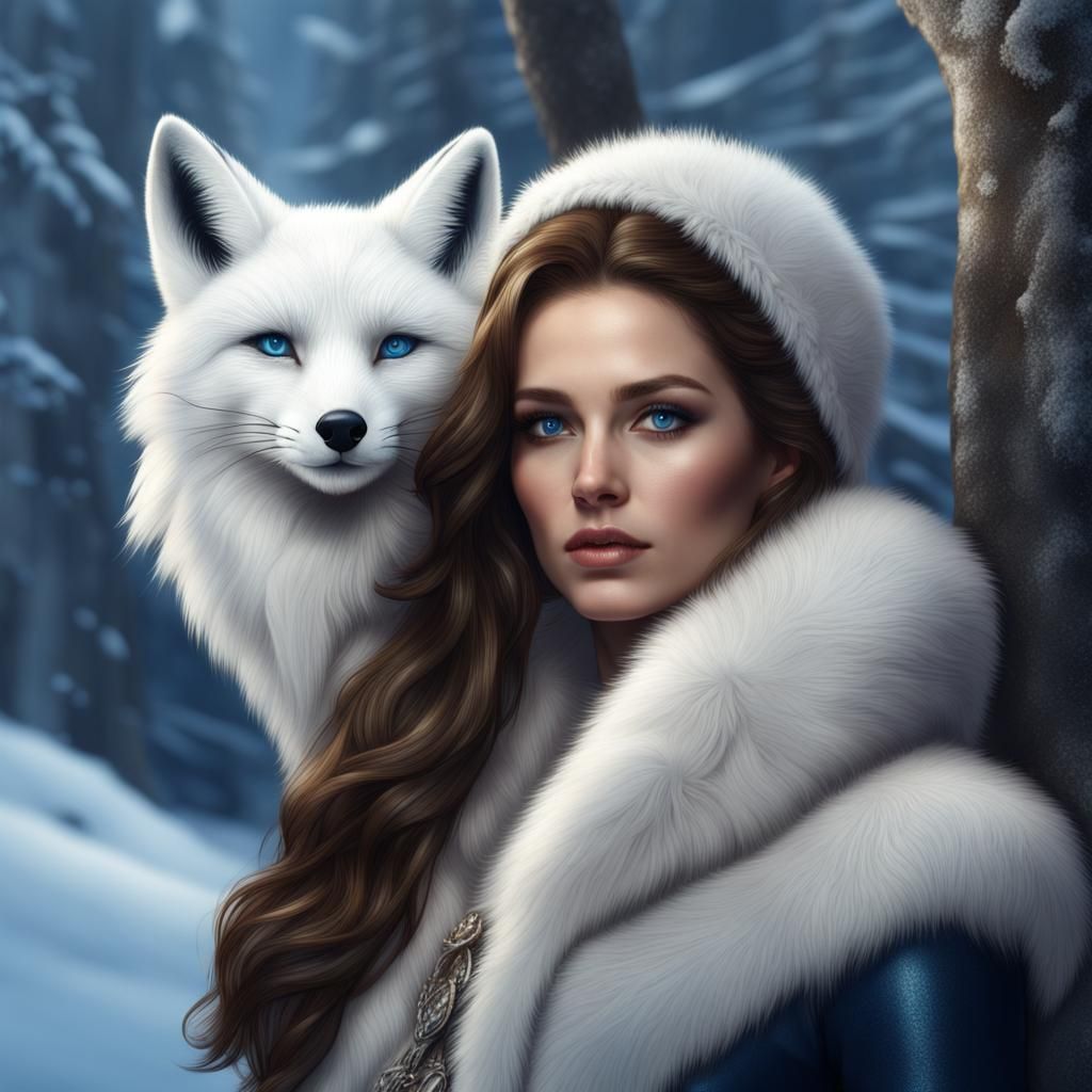Winter Woman with White Fox in Detailed Matte Painting