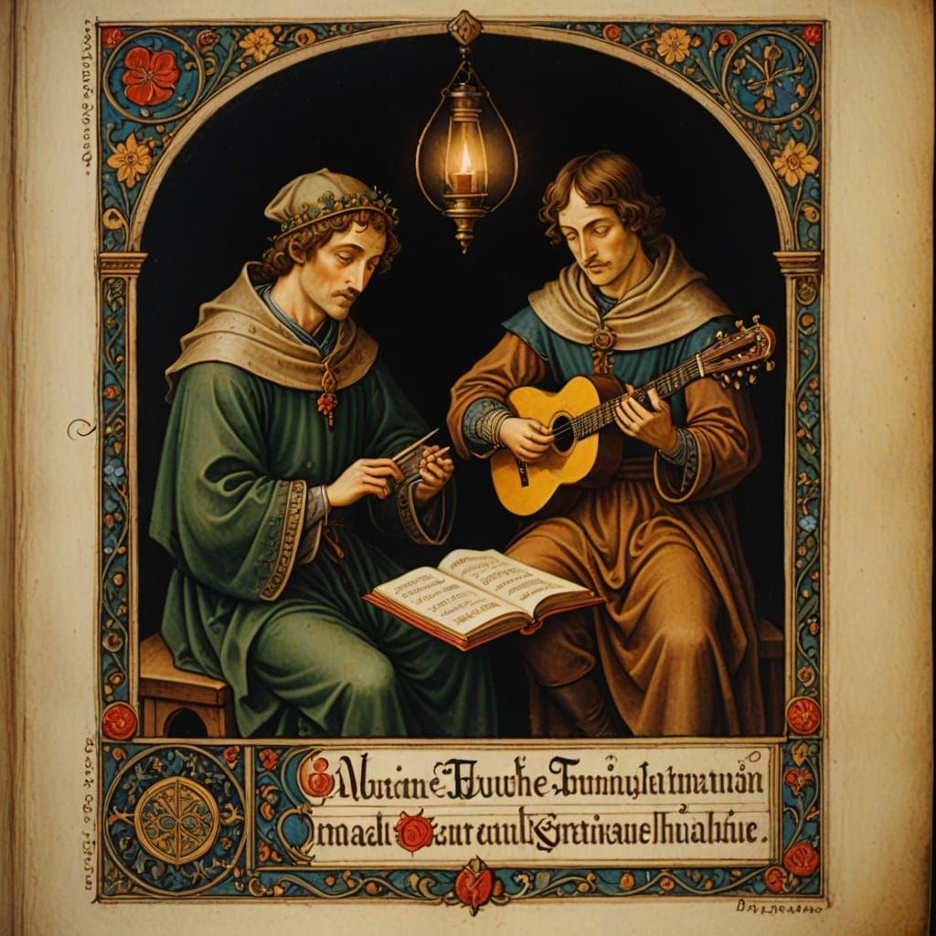 Medieval Poet and Troubadour with Instruments