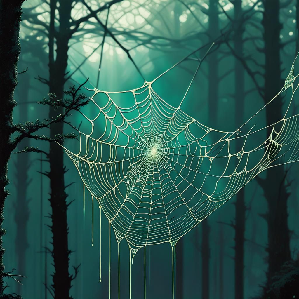 Fluorescent Fractal Lace Spiderweb in Forest, Digital Art