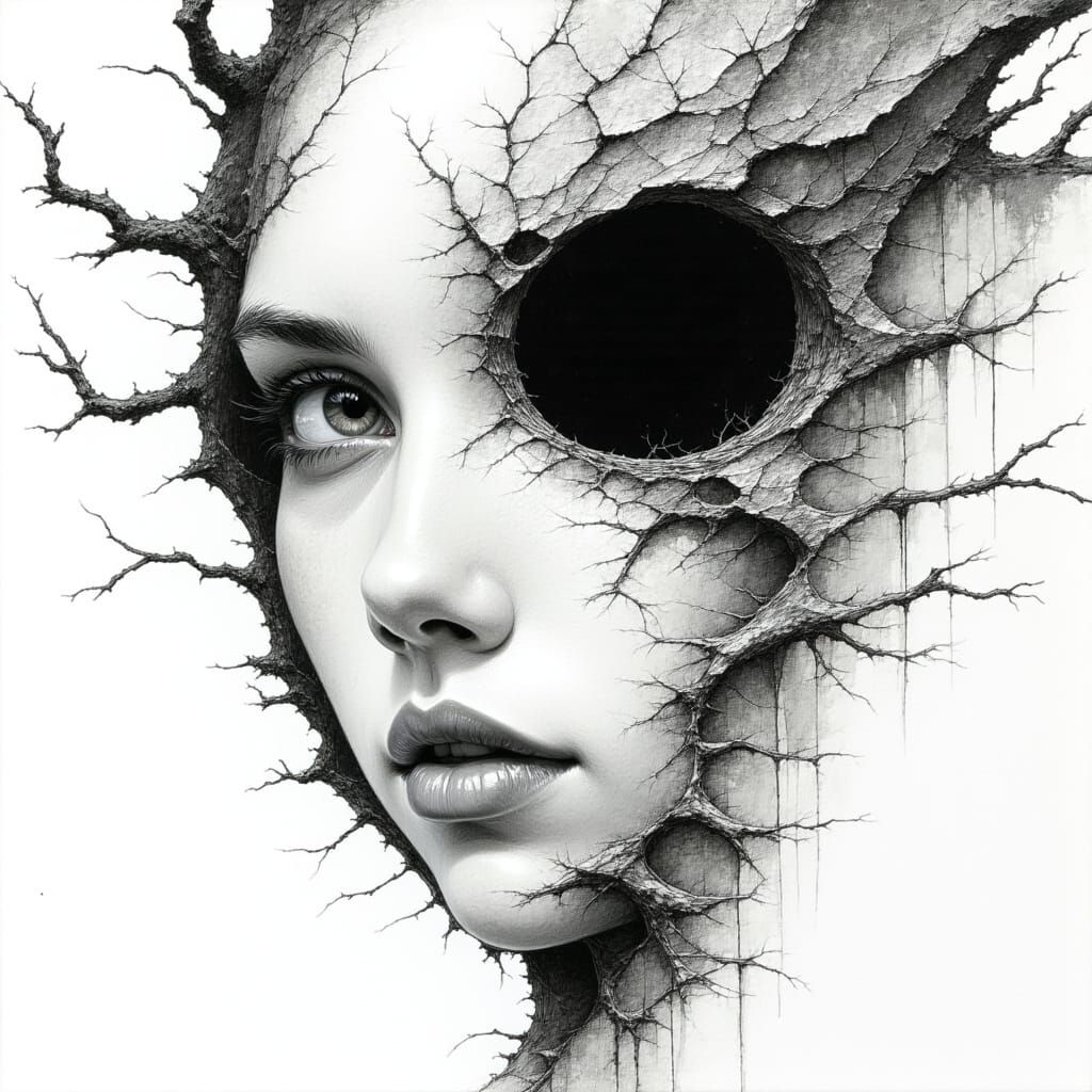 <lora:Akimora:1.0> A haunting portrait of a woman's face