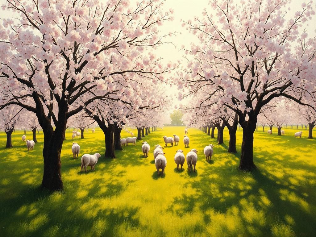 Cherry Blossoms and Sheep in Pastoral Orchard