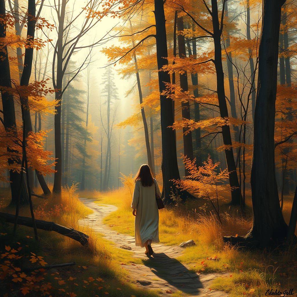 Woman Walking in Autumn Forest, Shishkin & Cézanne Style