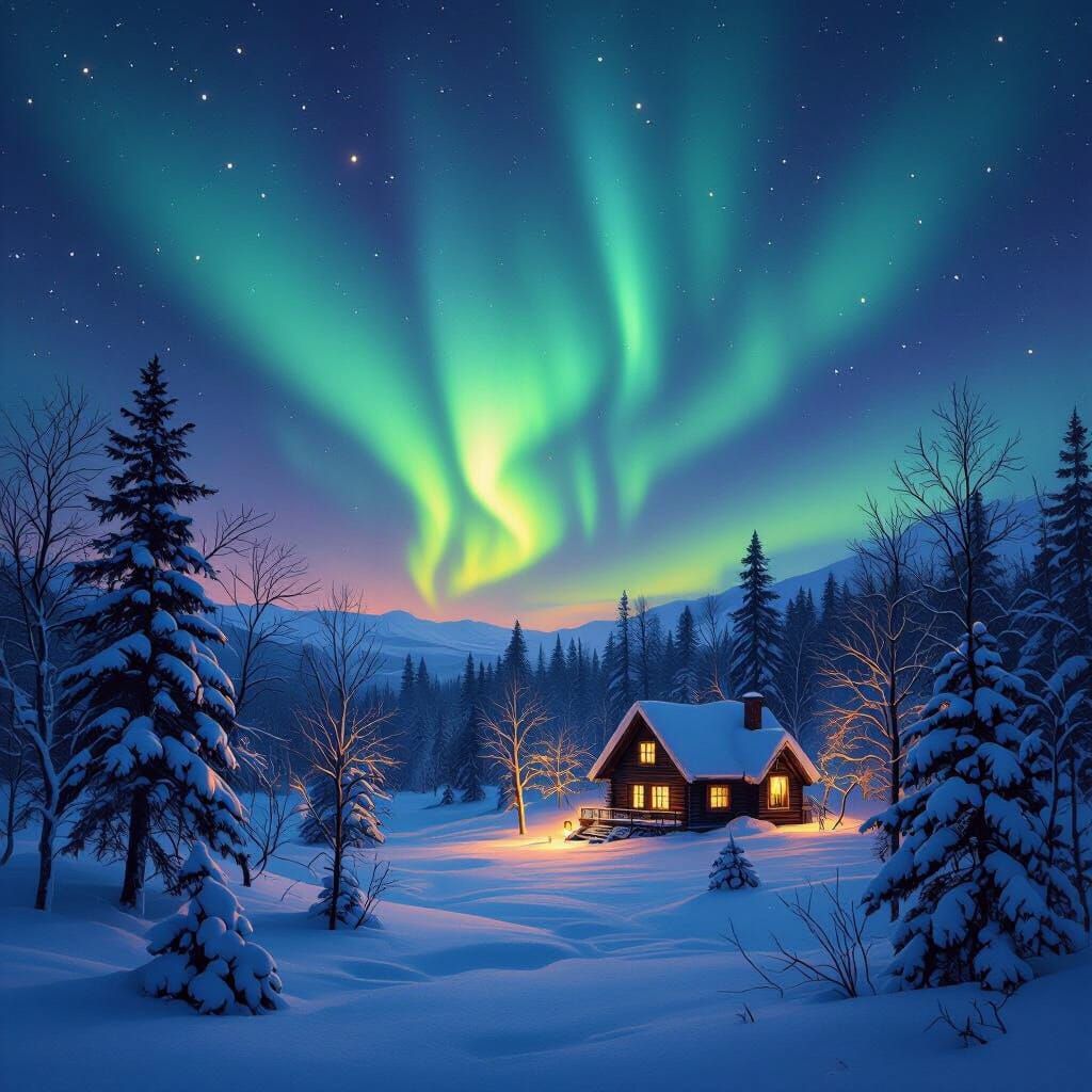 Aurora Borealis Over Snowy Forest With Cozy Cabin