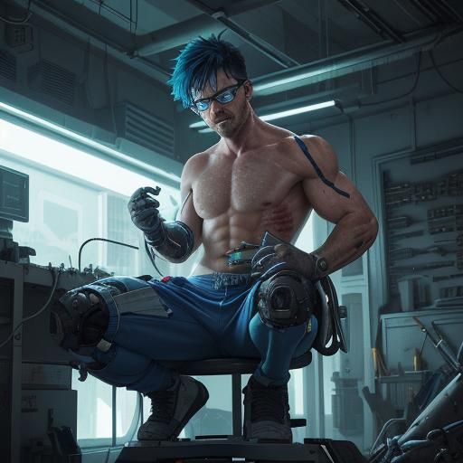 Cyborg Hunk Repairs Himself in Neon Laboratory