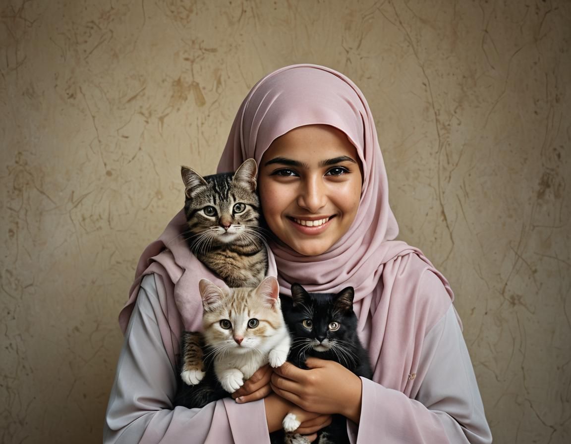 Sisters in Hijab with Cats: Professional Color Portrait