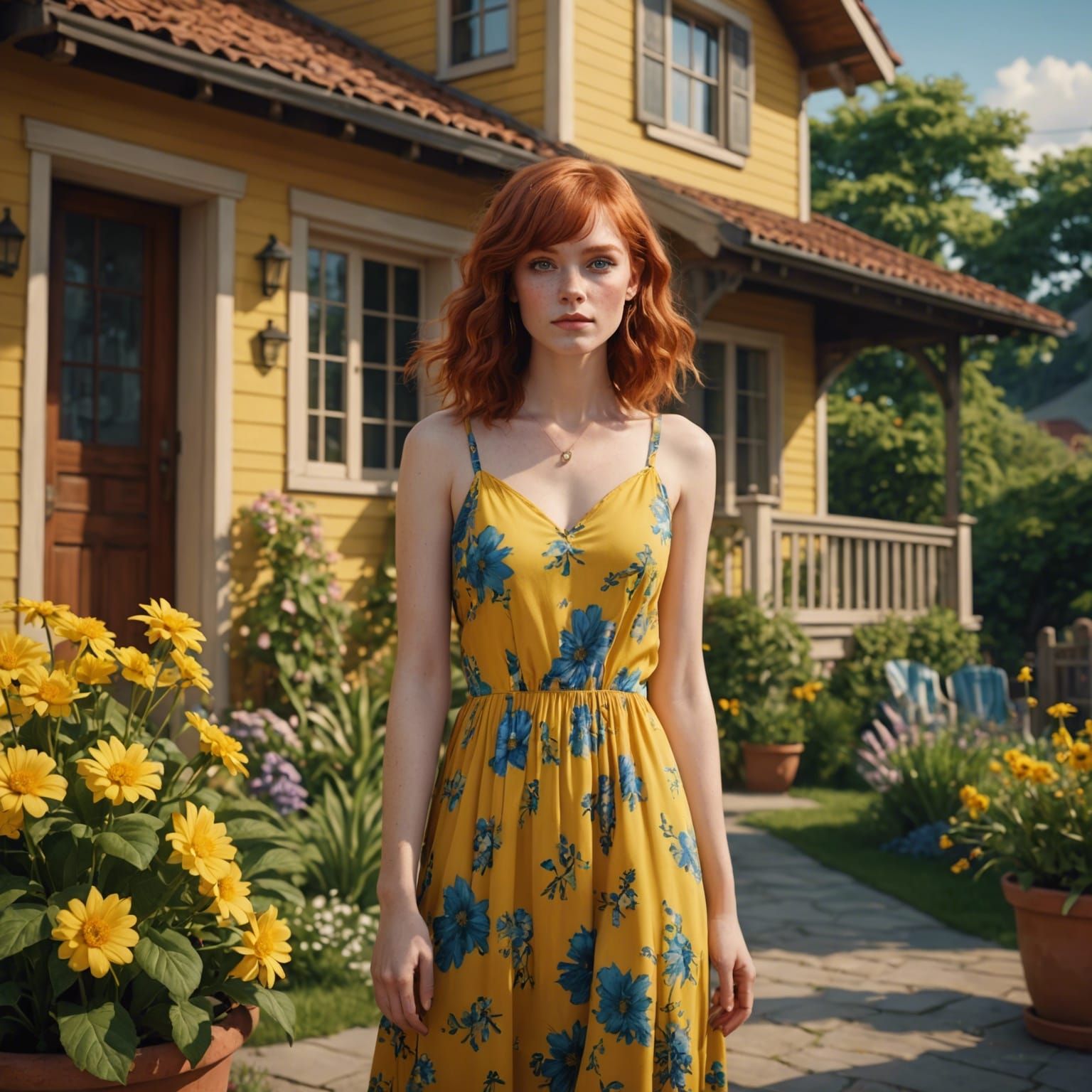 Red-Haired Woman in Flowery Dress: Fantasy Concept Art