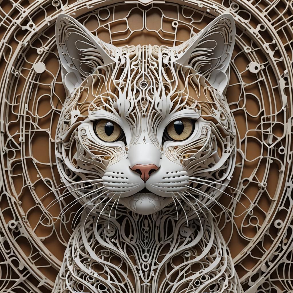 Intricate Geometric Cat Face in Pen and Ink