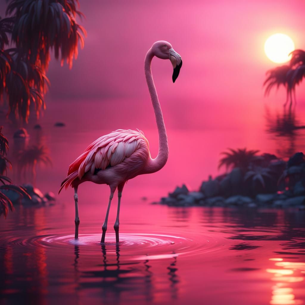 Pink Flamingo Sunset: Detailed Matte Painting