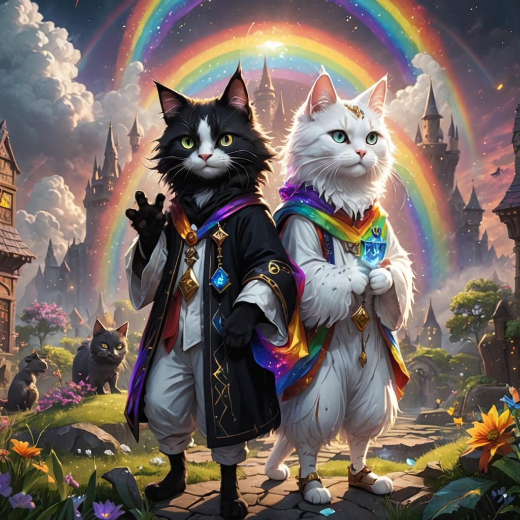 Cat Wizards Holding Hands in Detailed Fantasy Art