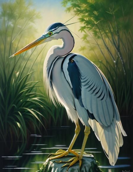 "watercolor create a ((Moorish heron)) in a green and gold japanese nature peeling paint, Japanese style light reflectio...