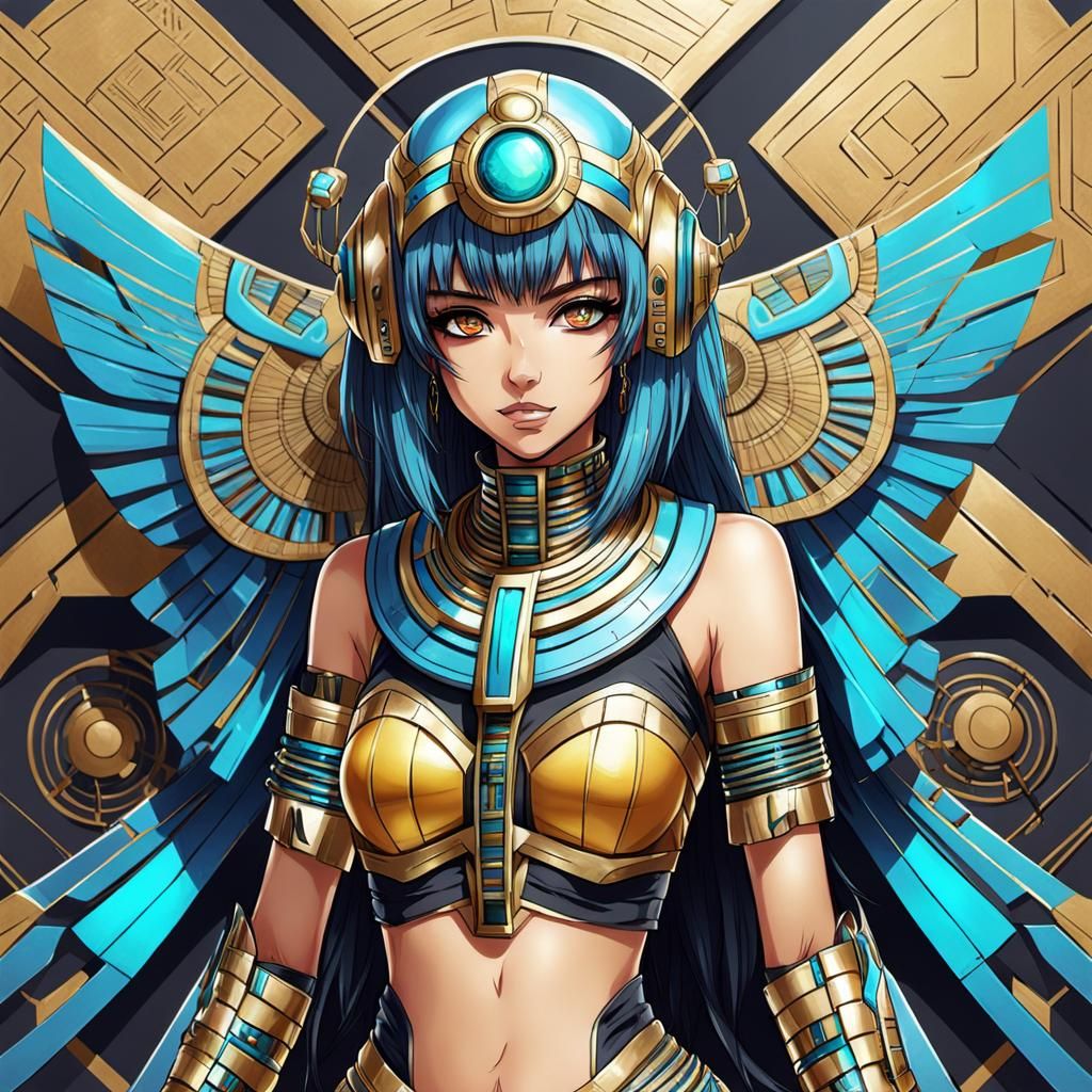 Futuristic Egyptian Anime Girl: Hyperdetailed Colored Drawin...