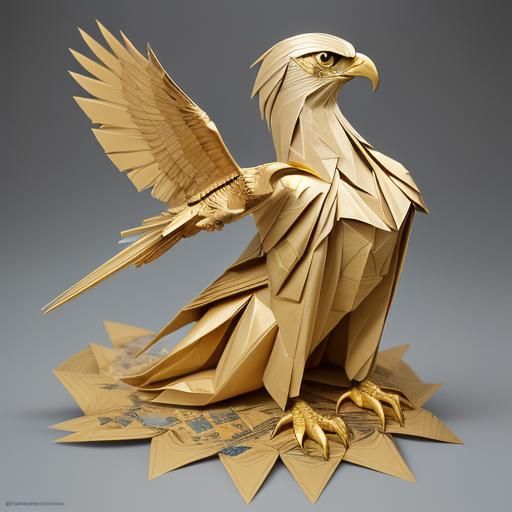 Origami Maiden and Golden Falcon Papercraft Sculpture