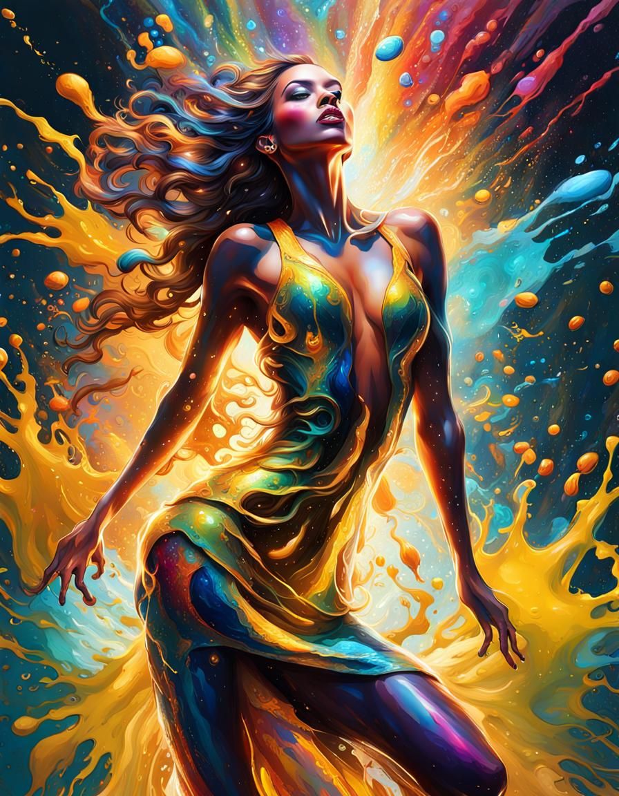 Glamorous Model in Multi-Hued Liquid Splash Art