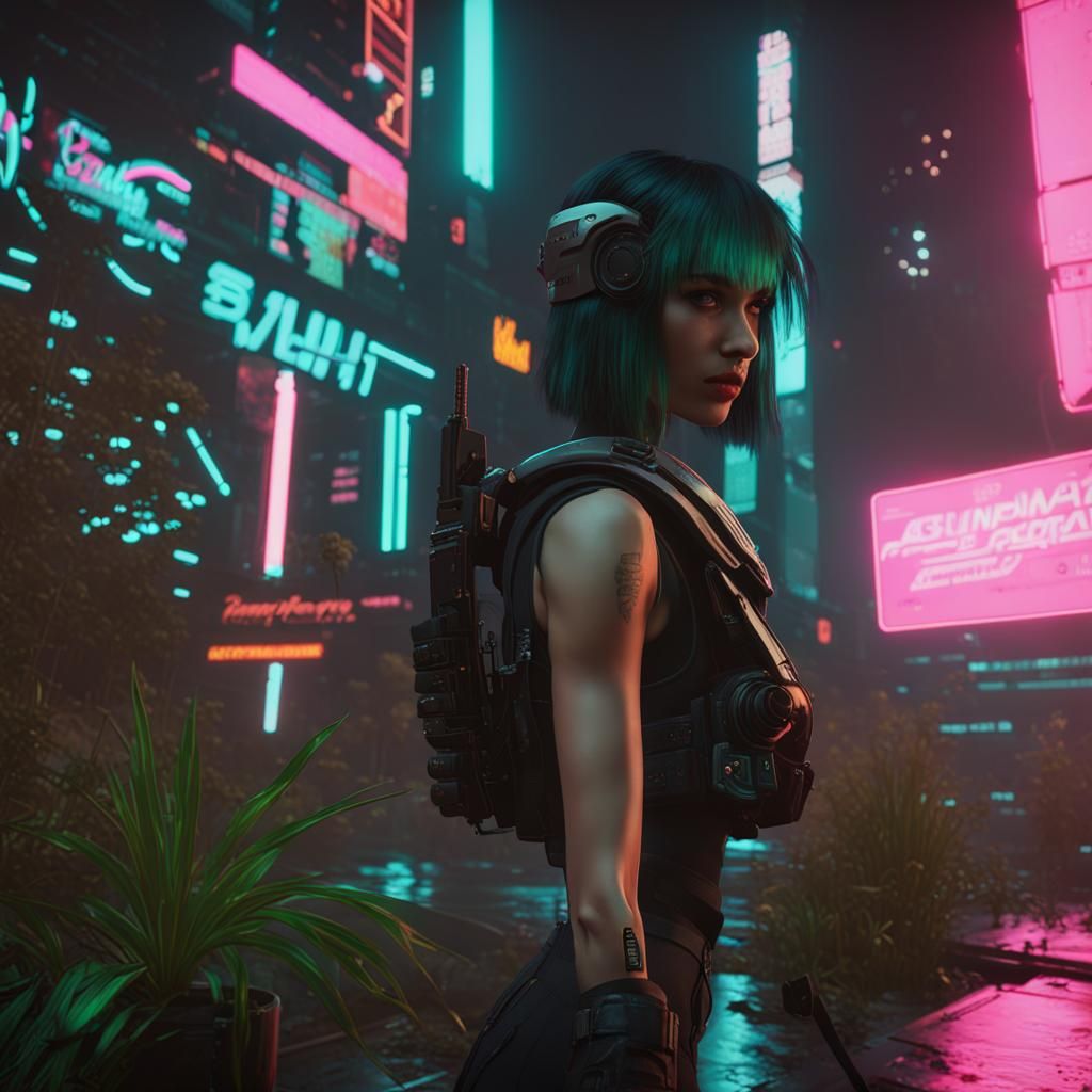 Astronaut with Plants in Cyberpunk City