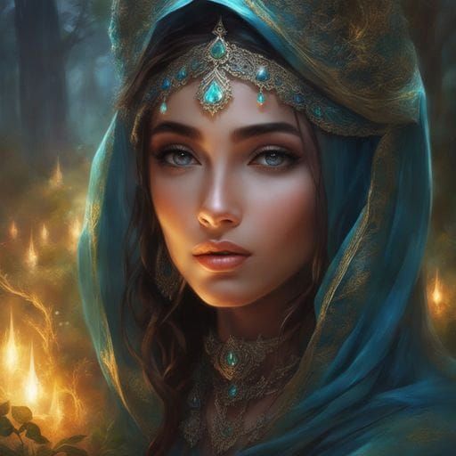 Enchanting Muslim Girl in Dark Magic Forest