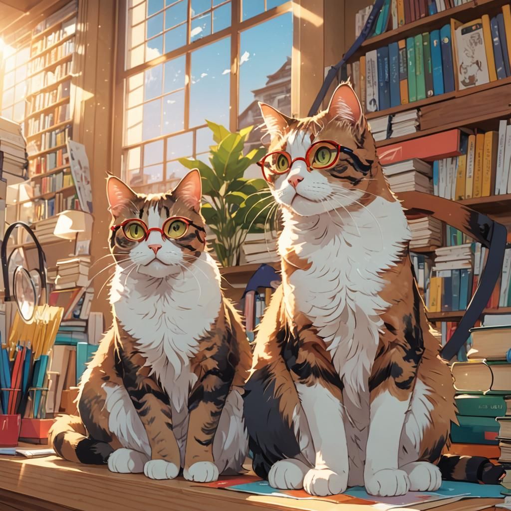 Anime Cats in Glasses: Vibrant Manga-Style Portrait