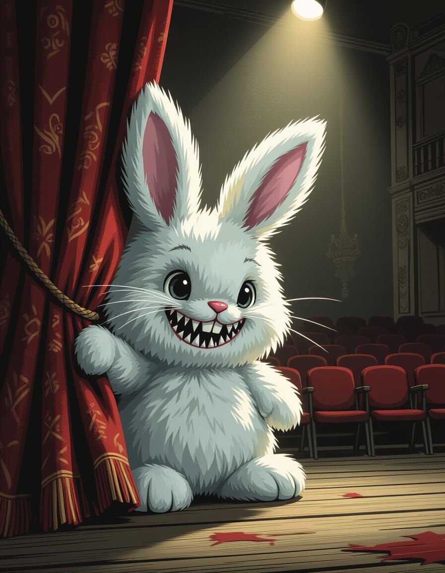 Gothic Bunny Toy with Wolf Ears in Abandoned Theatre