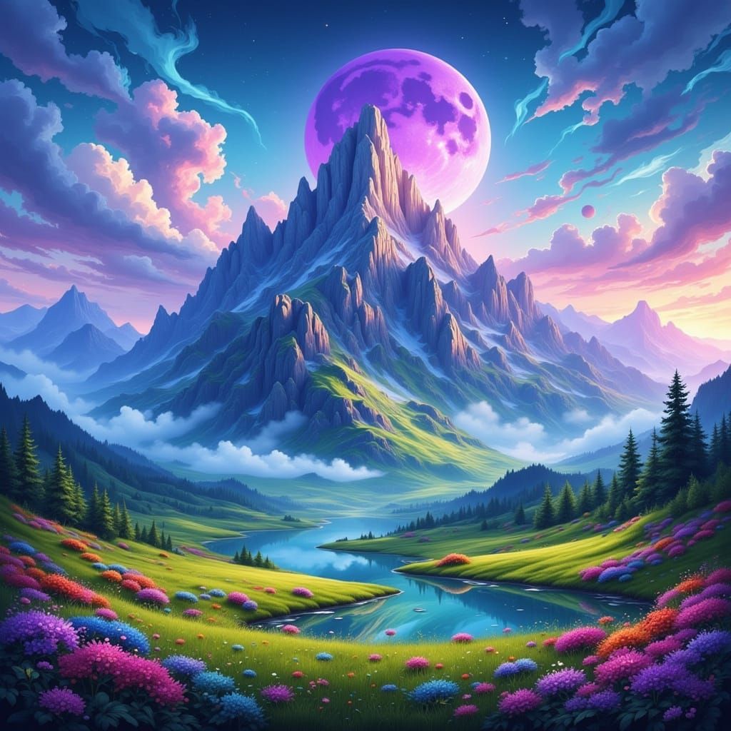 Majestic Mountain Range in Lush Fantasy Landscape