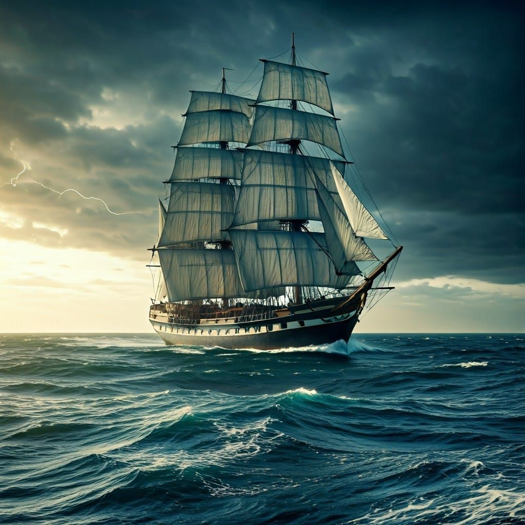 Sailship Amidst Stormy Seas: A Nautical Painting