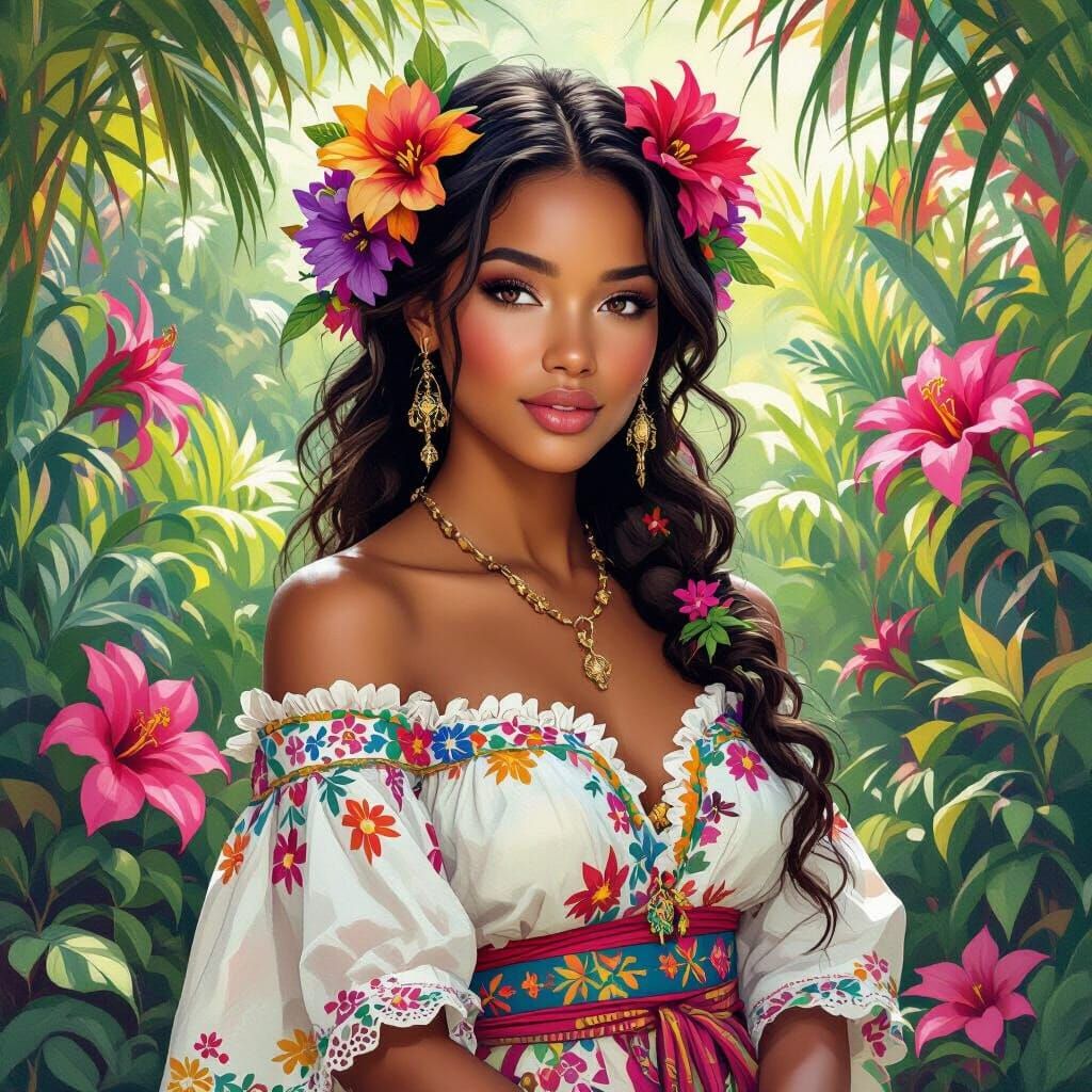 Grenadian Woman in Tropical Garden, Art Nouveau Digital Pain...