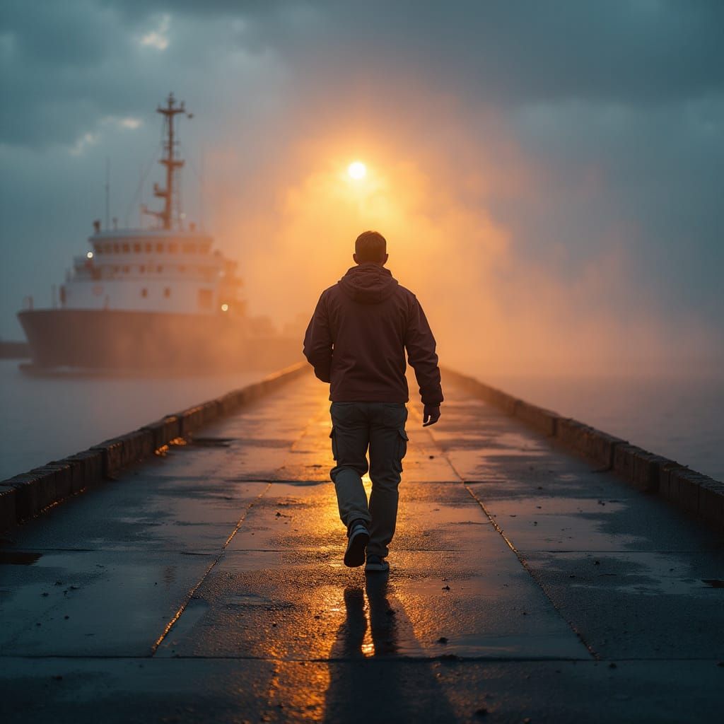 Swedish Dockworker Strolls Gothenburg Pier at Sunrise