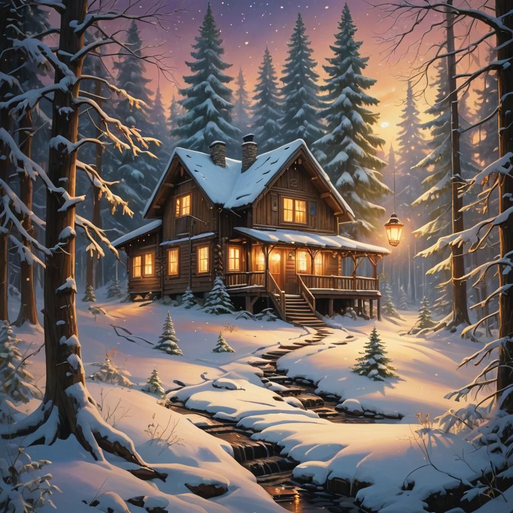 Snowy Cabin in Mystical Forest as Oil Painting