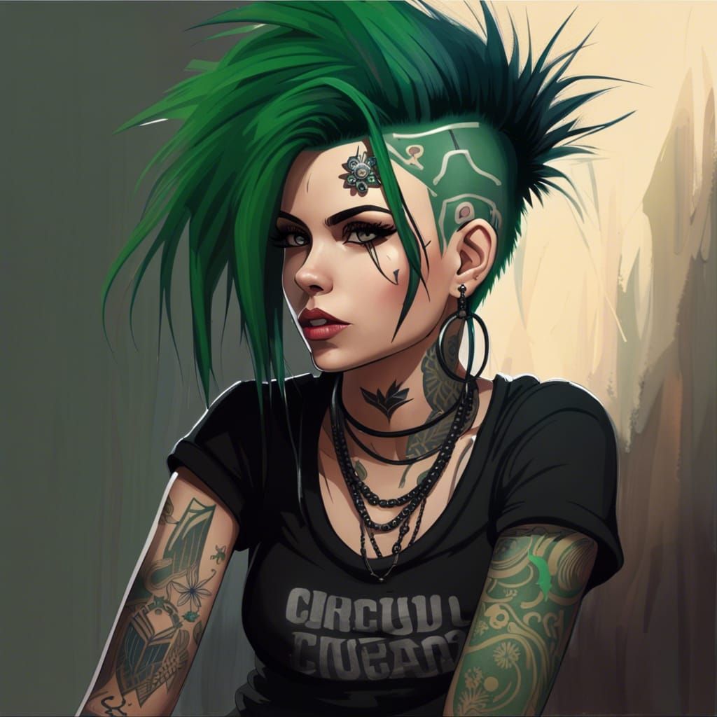 Punk Woman with Green Mohawk, Hyperrealistic Illustration