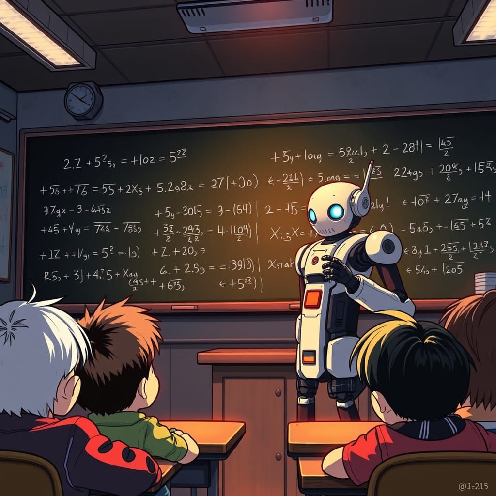 Robot Teacher Lectures on AI History in Vibrant Manga-Inspir...