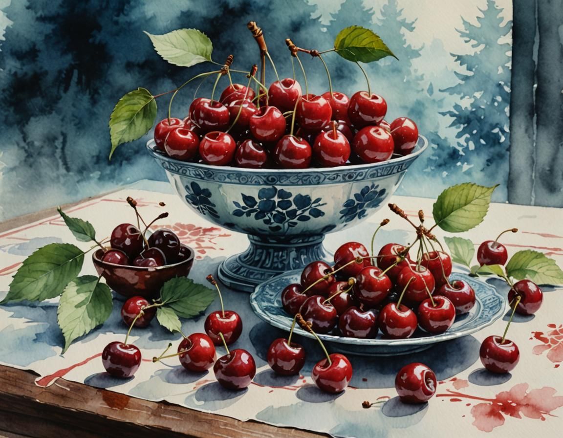 Cherries in Ancient Orient: Watercolor Style