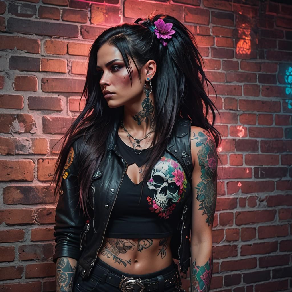 Cyberpunk Tattoo Girl in Neon Alley