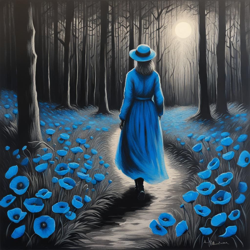 blue poppies, enchanted forest, creepy linear ink drawing, g...