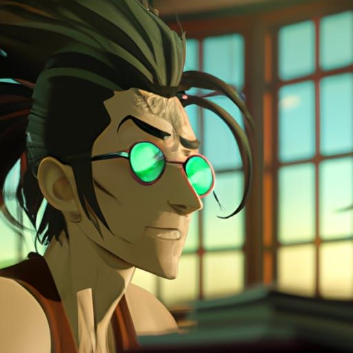 Anime Man with Green Hair in Ghibli Style