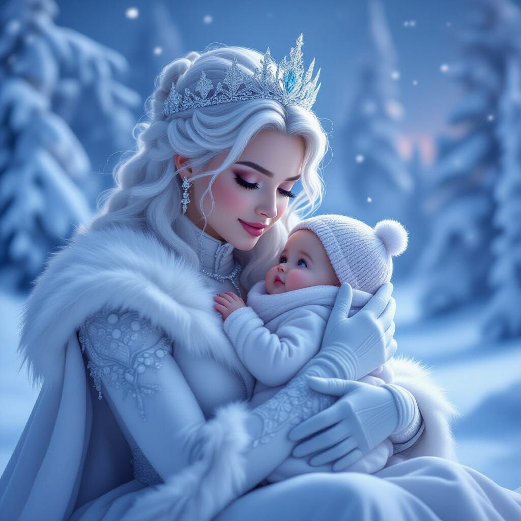 Ice Queen and Child in Winter Landscape