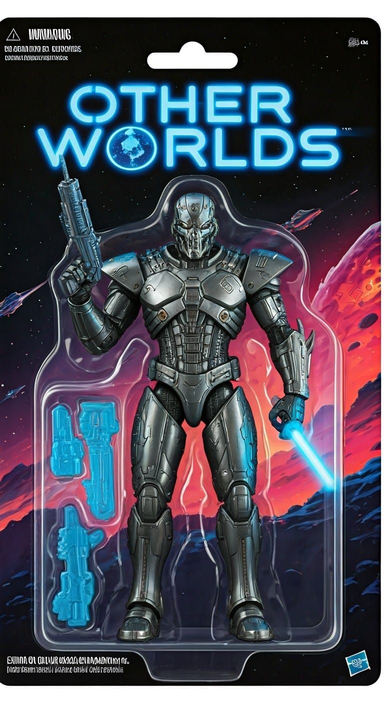 Cyberpunk Android Action Figure in Futuristic Landscape