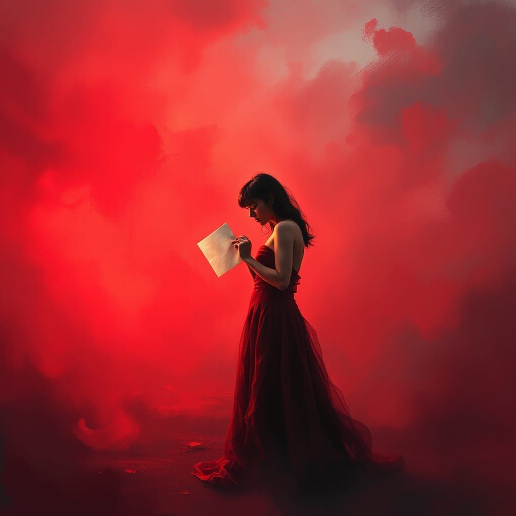 Romantic Figure in Red Storm Dusk, Expressionist Style