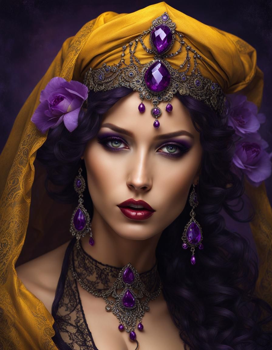 Gorgeous Gothic Mistress in Purple and Yellow