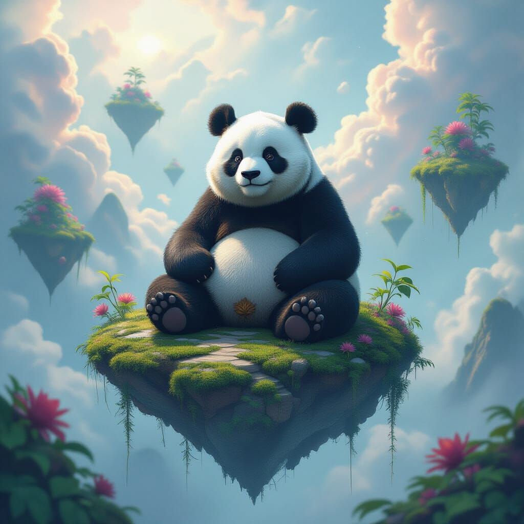 Ancient Panda Meditating on Floating Island Amidst Nebulae